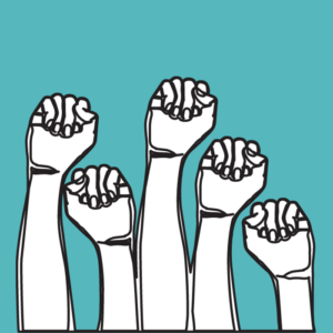 Graphic of fists and arms raised