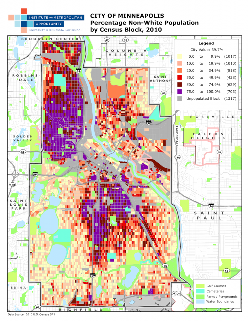 Map of percentage of non-white population by 2010 Census block